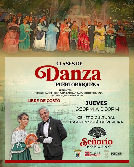 Póster de las Clases de Danza Puertorriqueña, los jueves de 6:30 p. m. a 8:00 p. m. en el Centro Cultural Carmen Solá de Pereira