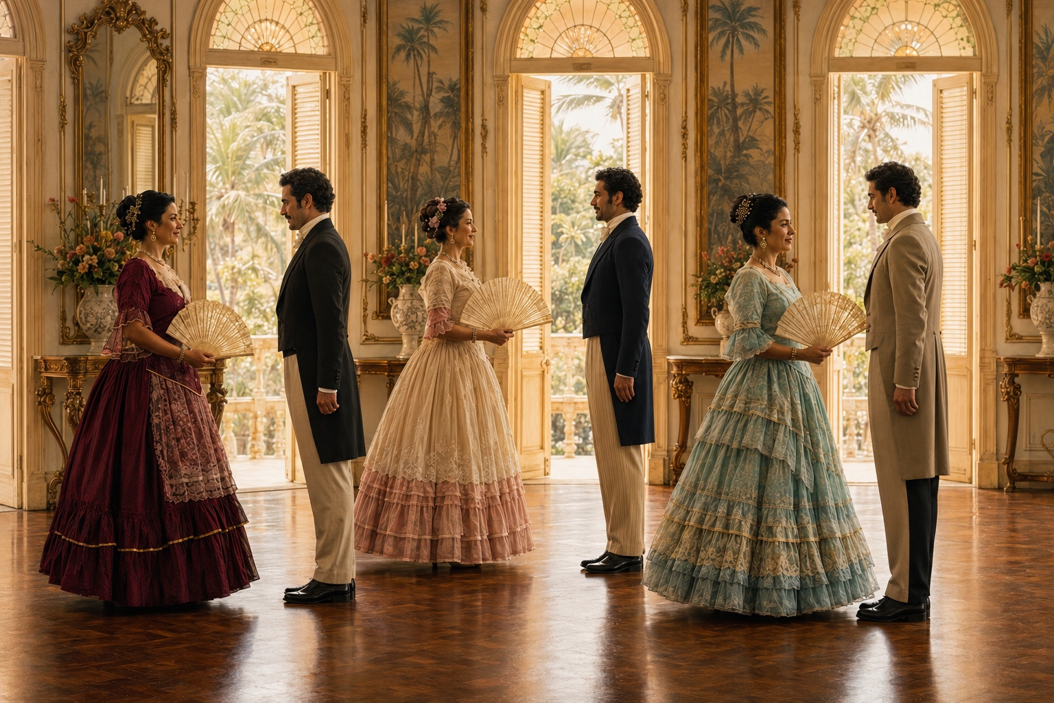 Parejas realizando el saludo discreto antes de comenzar a bailar