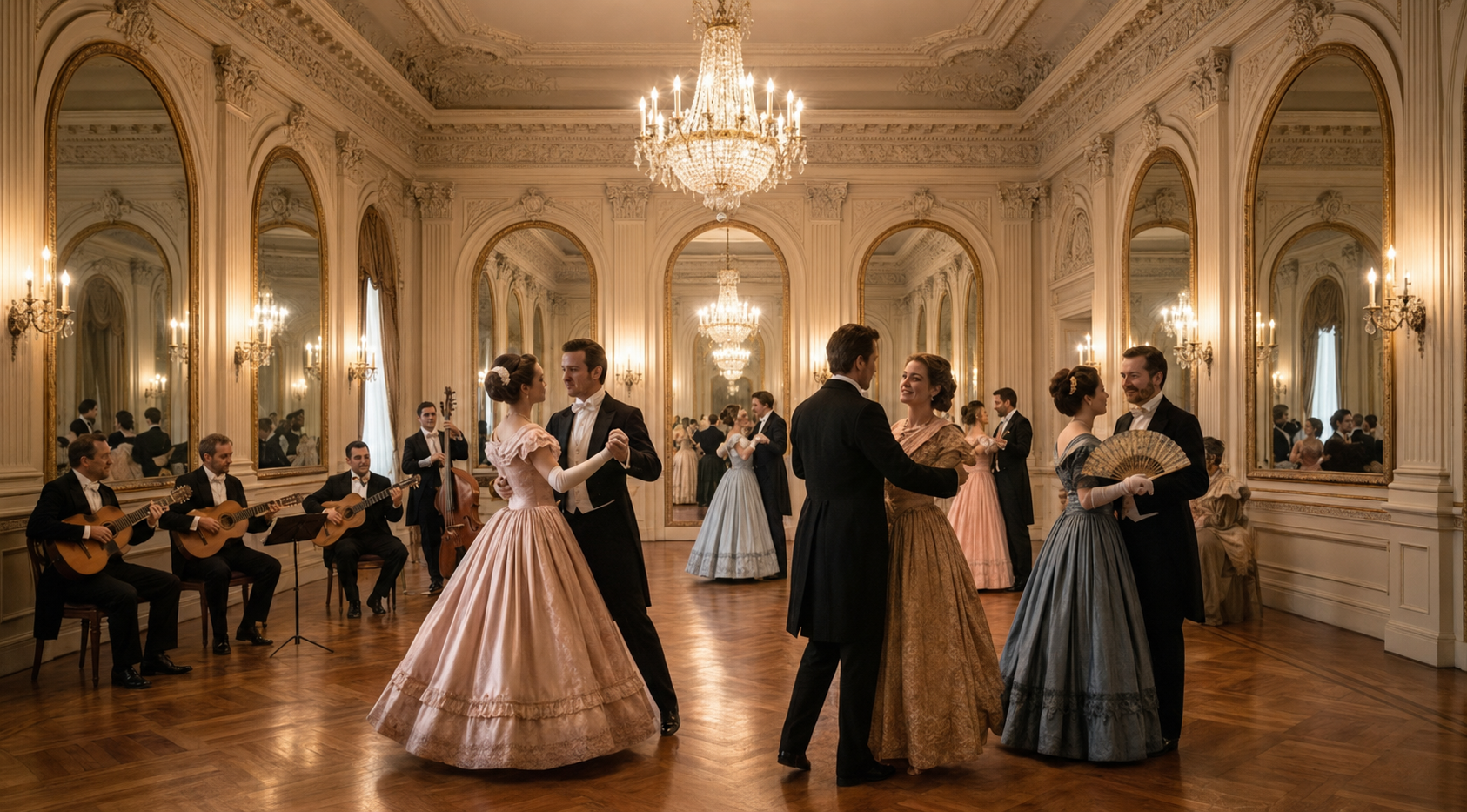 Parejas bailando en un elegante salón de época con un conjunto musical