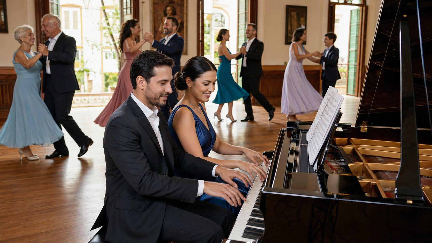 Dos pianistas interpretando juntos, ilustración asignada a Buenos amigos