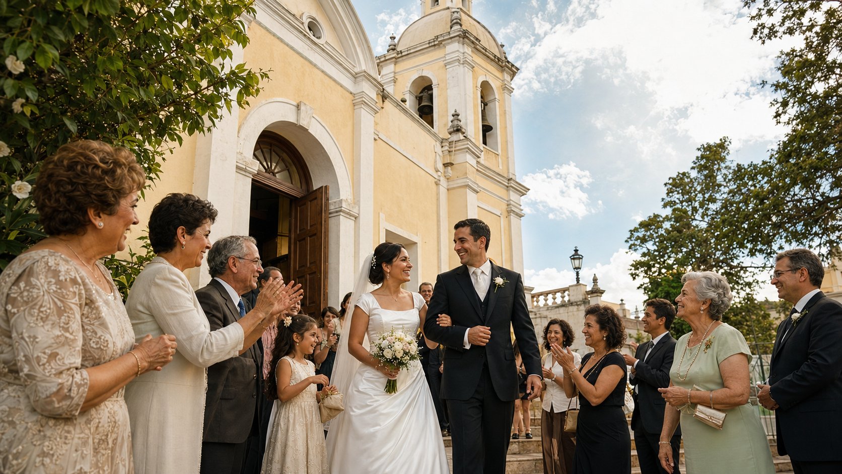 Novios saliendo de una iglesia, ilustración asignada a Campanas nupciales