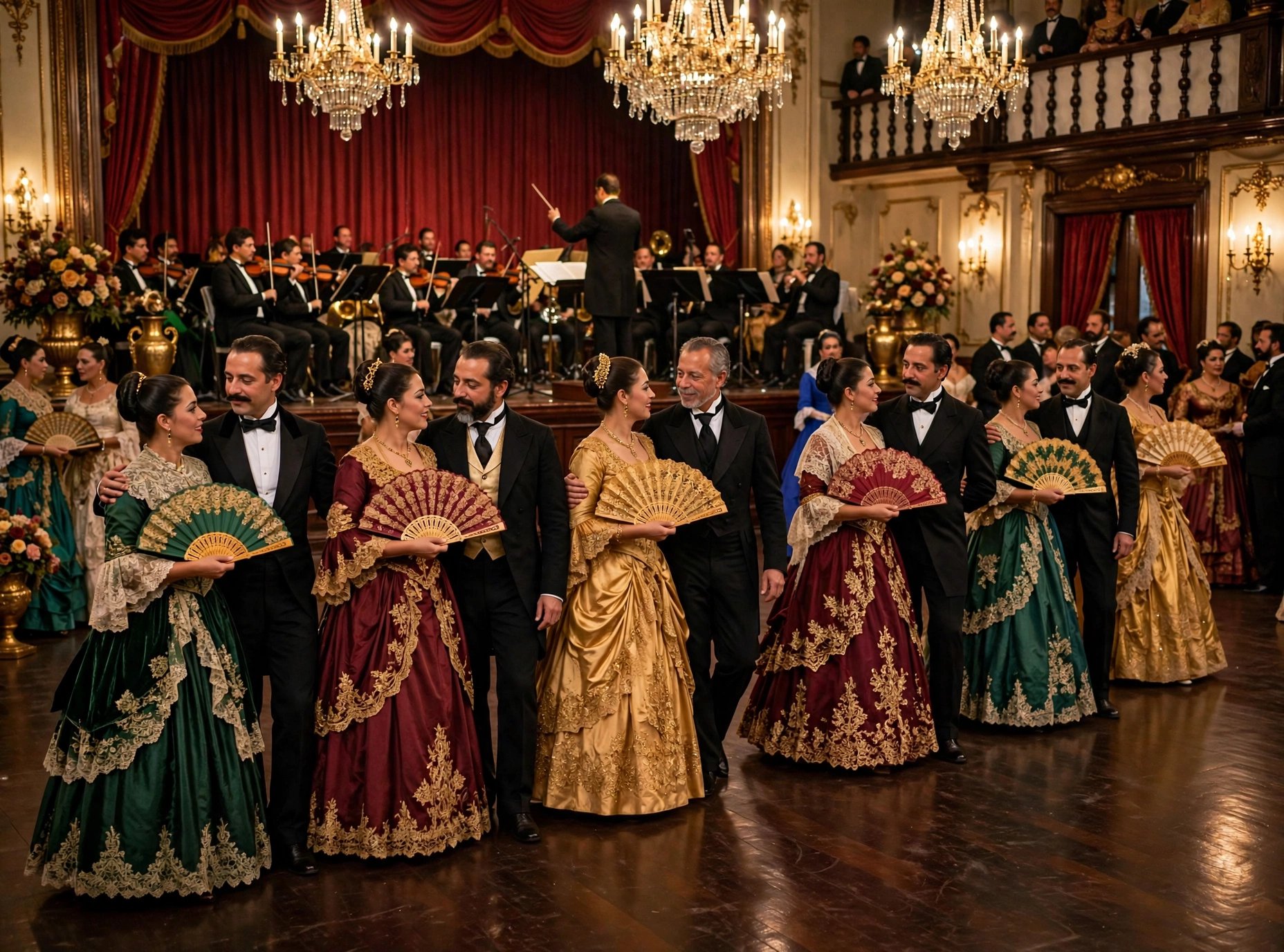 Parejas en un salón de baile comunicándose mediante el lenguaje del abanico