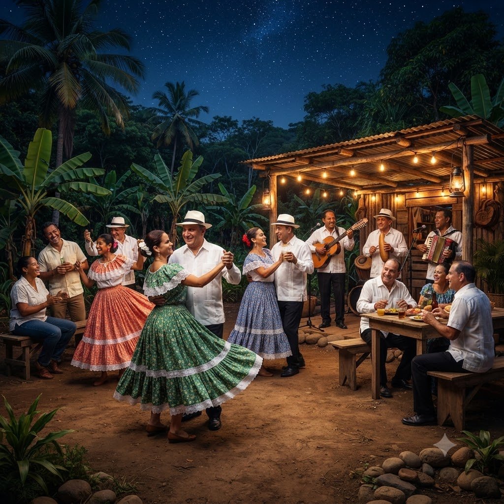 Fiesta nocturna puertorriqueña con músicos y parejas bailando entre vegetación tropical