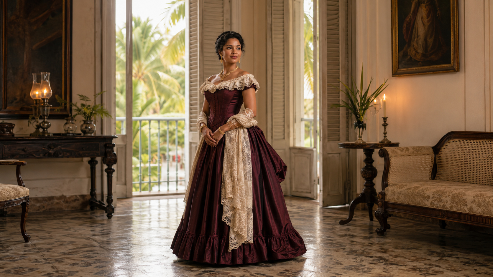 Dama elegante en un salón caribeño, ilustración aprobada para Emilse