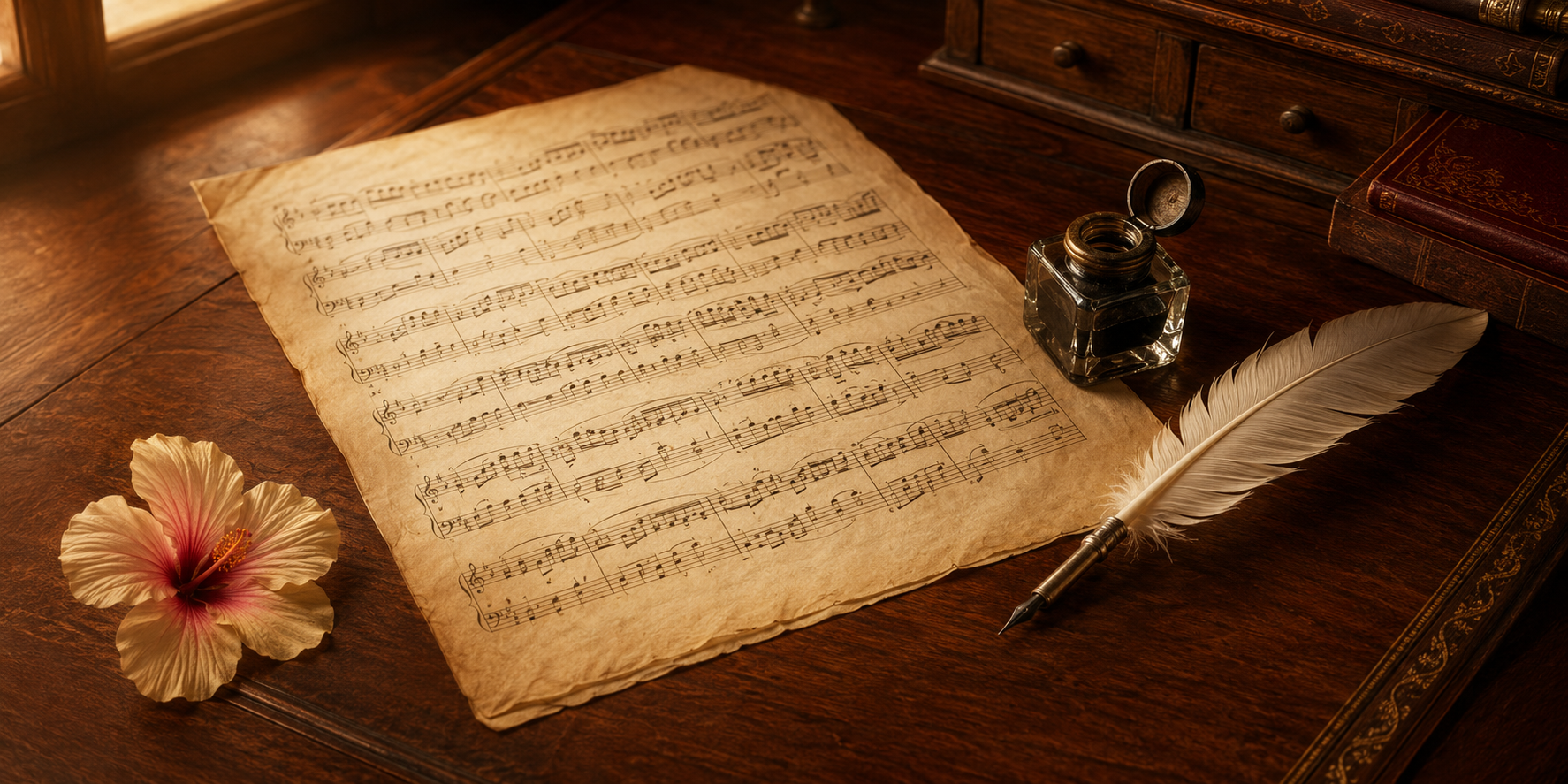 Partitura antigua, pluma, tintero y flor sobre una mesa de madera