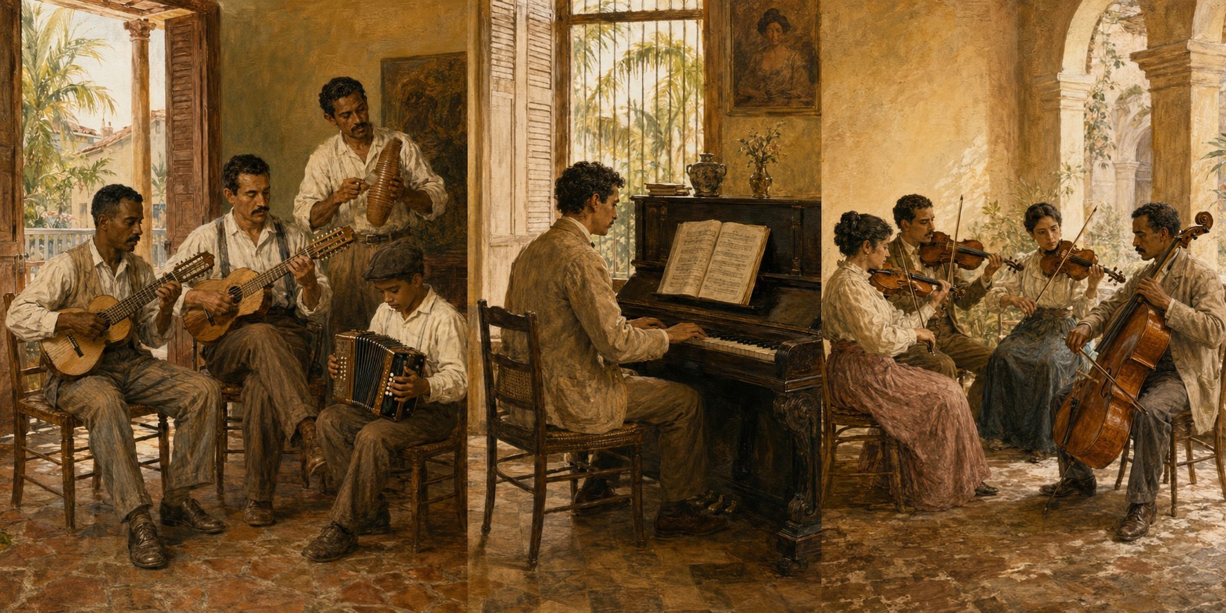 Agrupaciones de cuerdas, piano y conjunto típico interpretando danza puertorriqueña